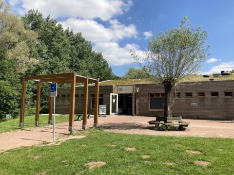 Houten gebouw met groendak, naast een parkeerbord en een zitbank rond een boom.