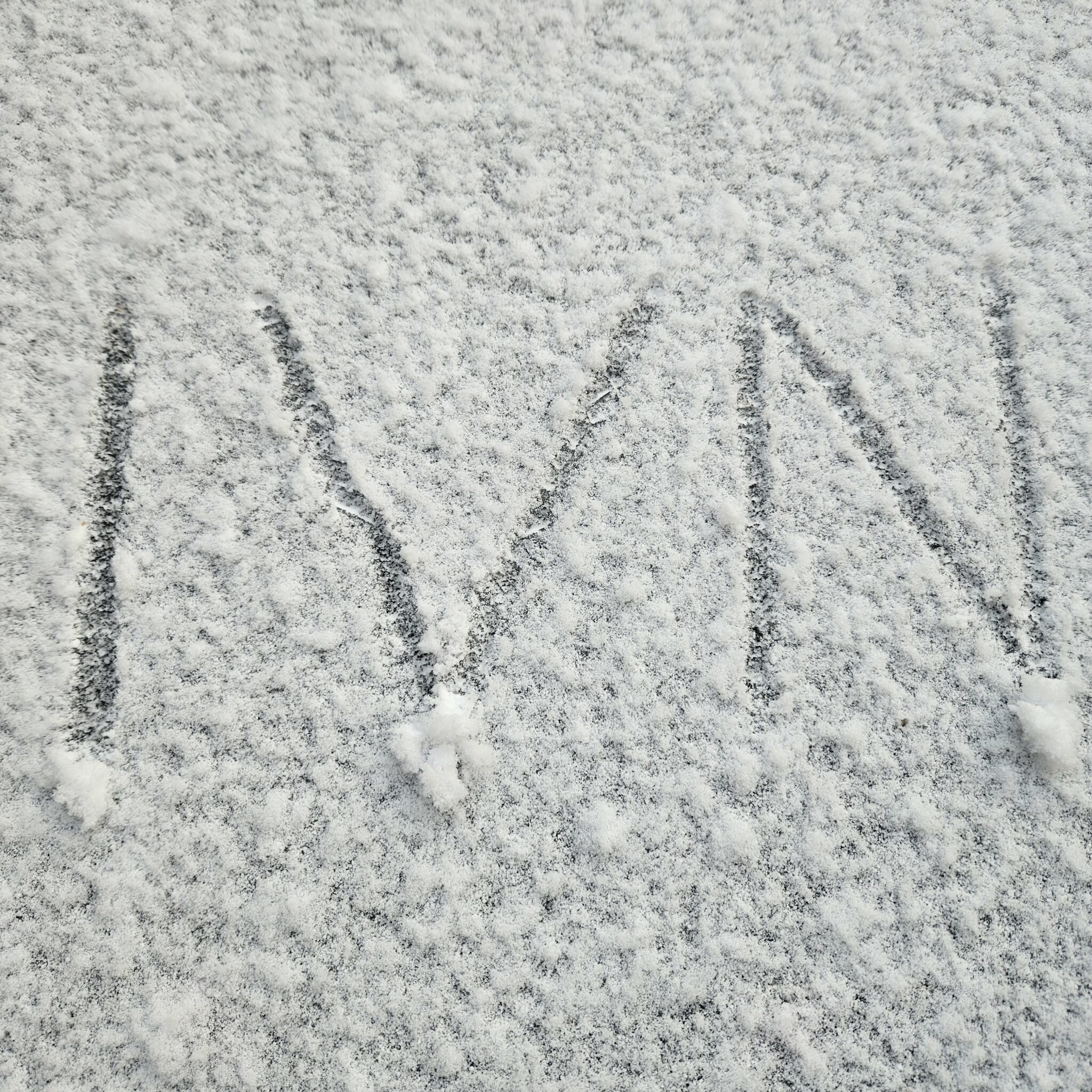 De letters "IVN" zijn in de sneeuw geschreven op een glad oppervlak.
