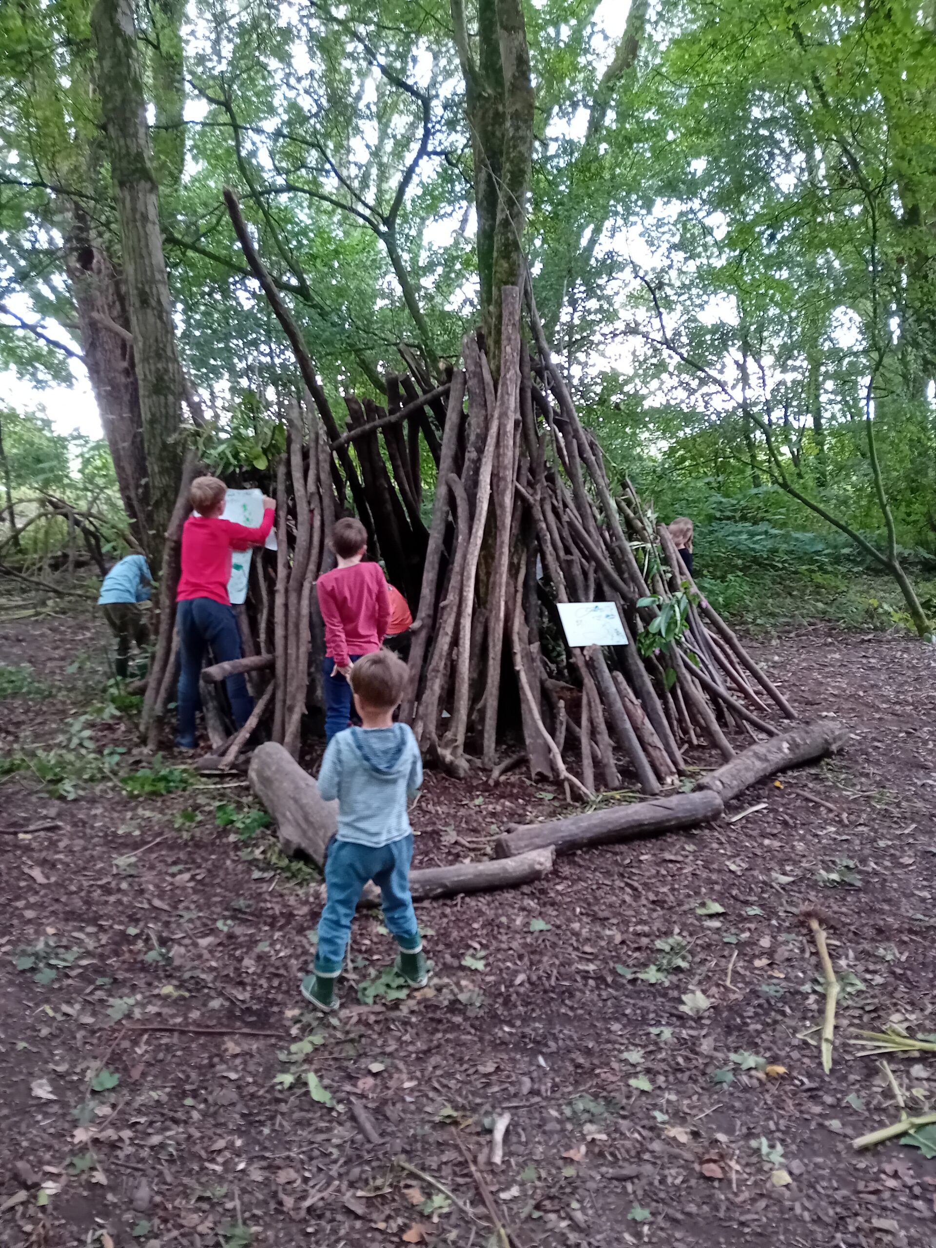 Kinderen spelen bij een hut van takken in een bosrijke omgeving.