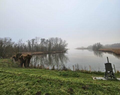 Rivierlandschap met kale bomen, groene oever en een bewolkte lucht. Rechts een mechanisch apparaat.