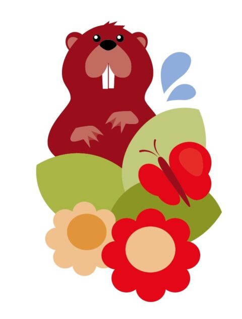 Cartoonbever met grote tanden, bloemen en vlinder op groene bladeren.