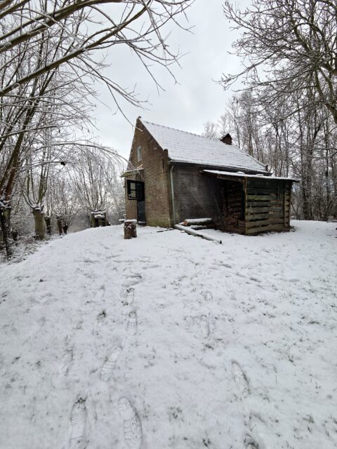 Bakstenen huis in besneeuwd bos, voetstappen leiden naar deur. Koude, rustige winterdag.