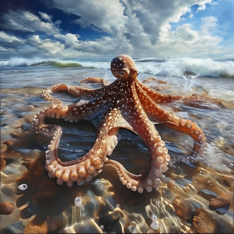 Octopus in ondiep water op een strand met golven en blauwe lucht.