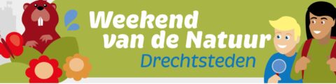 Weekend van de Natuur Drechsteden-banner met cartoonfiguren, bloemen en een bever.