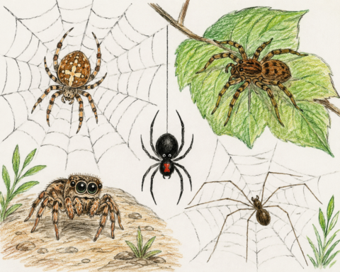 Vier verschillende spinnen in hun web of op een blad.