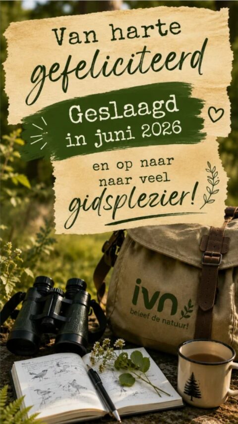 Gefeliciteerd geslaagd! Rugtas, verrekijker, notitieboek in natuursetting. IVN logo zichtbaar.