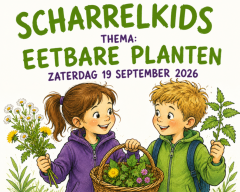 Twee kinderen met plantenmand. Tekst: Scharrelkids, eetbare planten, 19 september 2026.