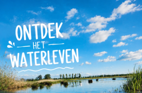 Landschap met water, gras en blauwe lucht. Tekst: "Ontdek het waterleven".