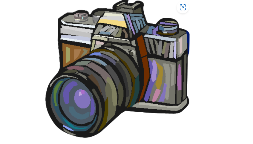 Illustratie van een kleurrijke, abstracte camera met grote lens.