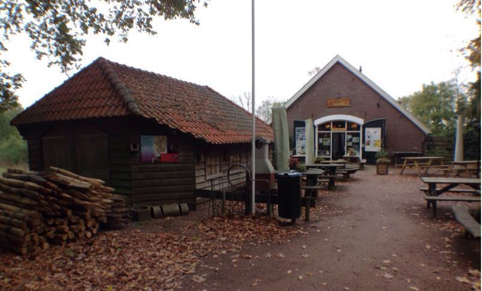 Een rustieke houten schuur en bakstenen gebouw met terras en stapels houtblokken ernaast.