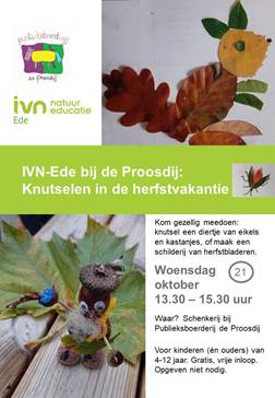 Poster voor herfstvakantie knutselen bij IVN-Ede met natuurcreaties van bladeren en eikels.