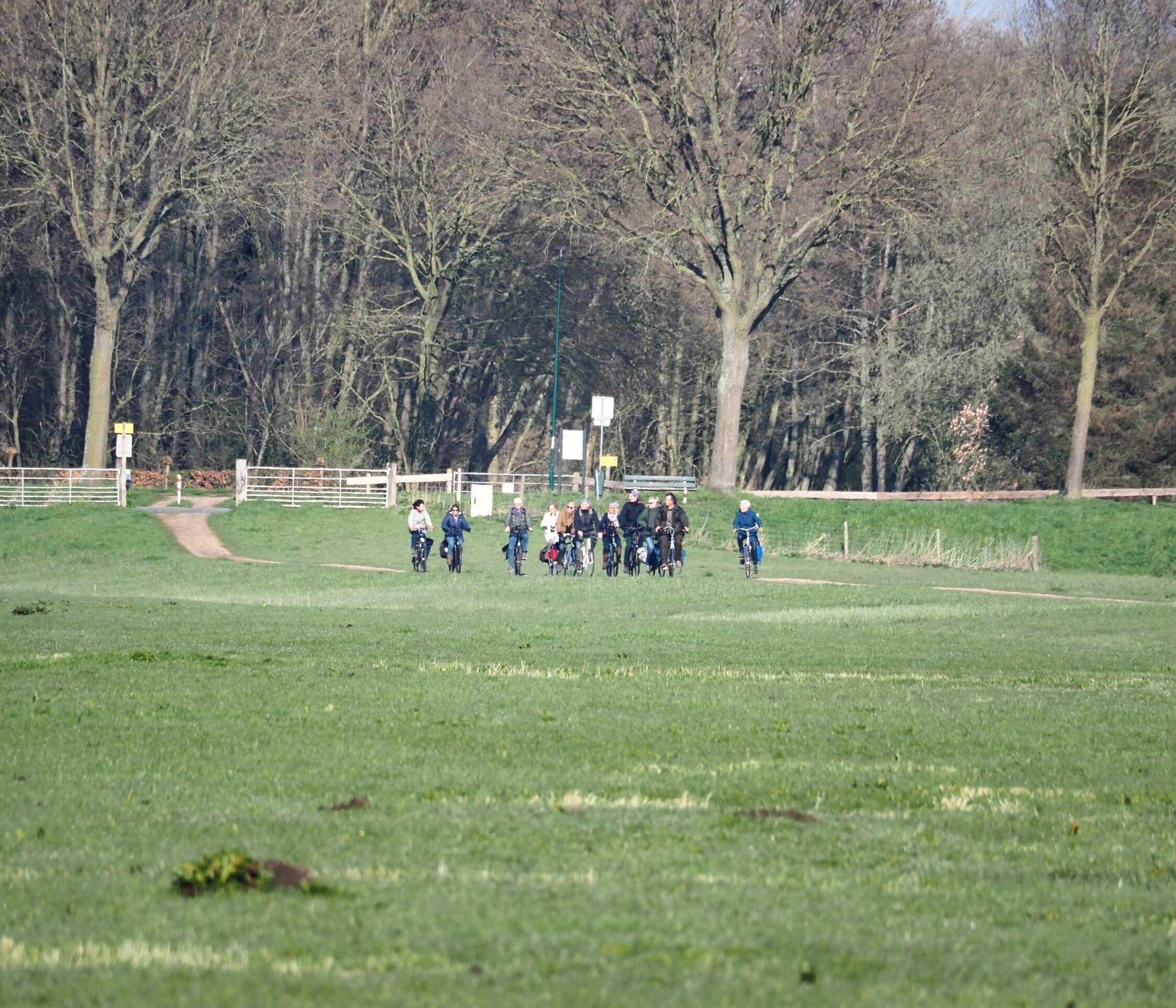 Een groep mensen fietst over een groen veld met bomen op de achtergrond.