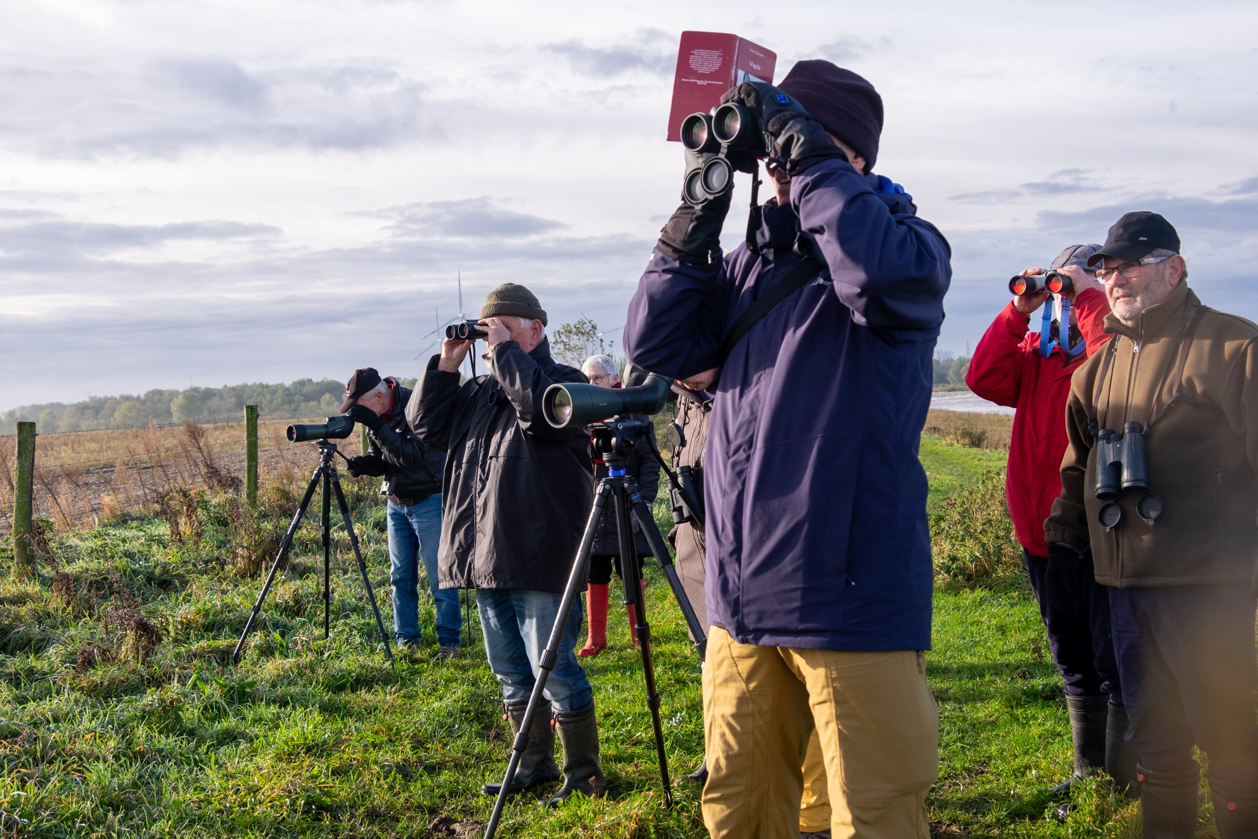 Groep mensen observeert natuur met verrekijkers en telescopen op een veld, onder een bewolkte hemel.