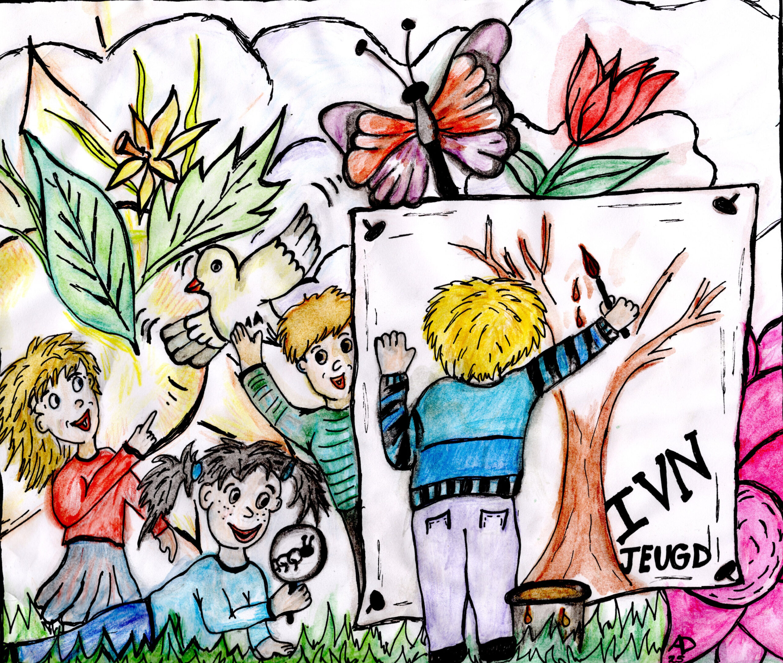Kinderen spelen buiten met natuurthema's, schilderen en observeren dieren. "IVN Jeugd" zichtbaar.