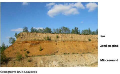 Grindgroeve met lagen löss, zand/grind, en Mioceenzand in Bruls Spaubeek; blauwe lucht bovenaan.