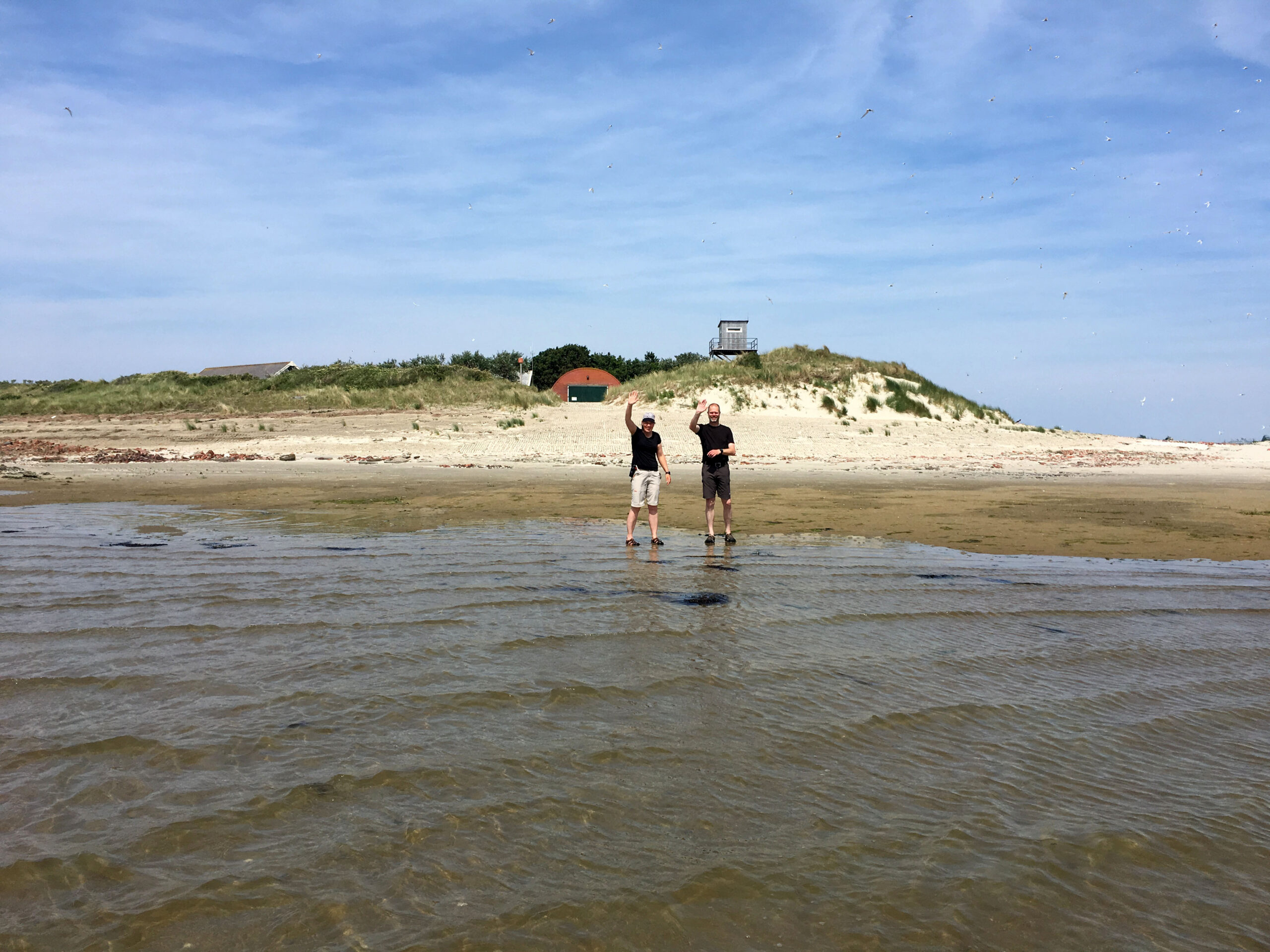Twee mensen lopen langs kustlijn met duinen op de achtergrond onder een blauwe hemel.