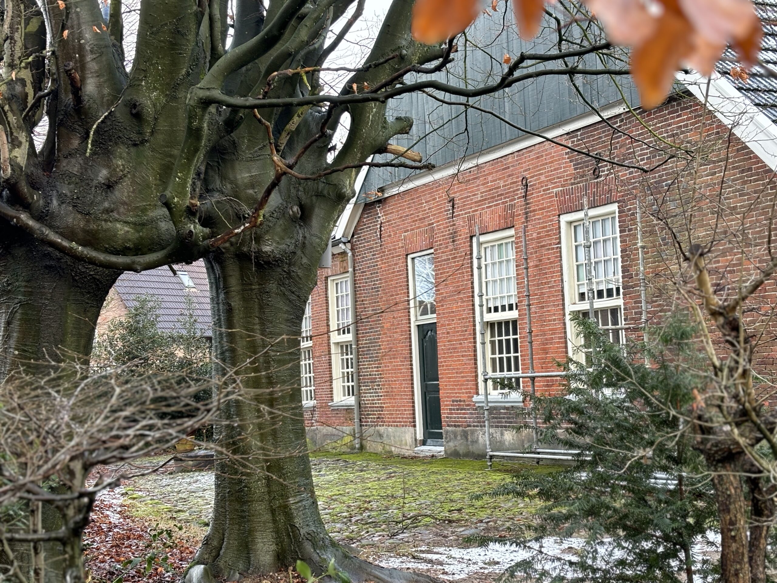 Rode bakstenen huis met grote ramen, omgeven door bomen en mosachtige tuin.