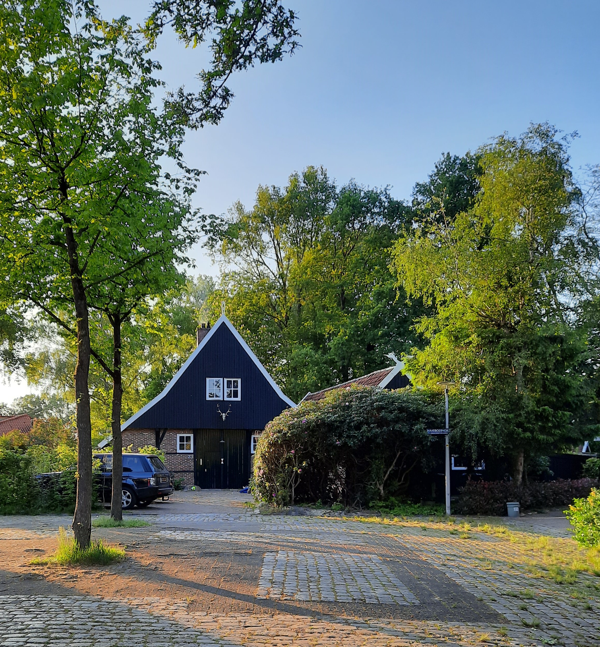 Zwart houten huis met puntdak, omgeven door bomen en een geparkeerde auto aan de zijkant.