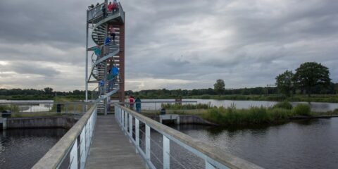 Een uitkijktoren met wenteltrap nabij een brug over een rivier, omringd door groene natuur.