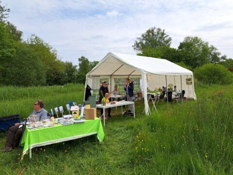 Een witte marktkraam en tafel met producten staan in een groen veld onder een bewolkte hemel.