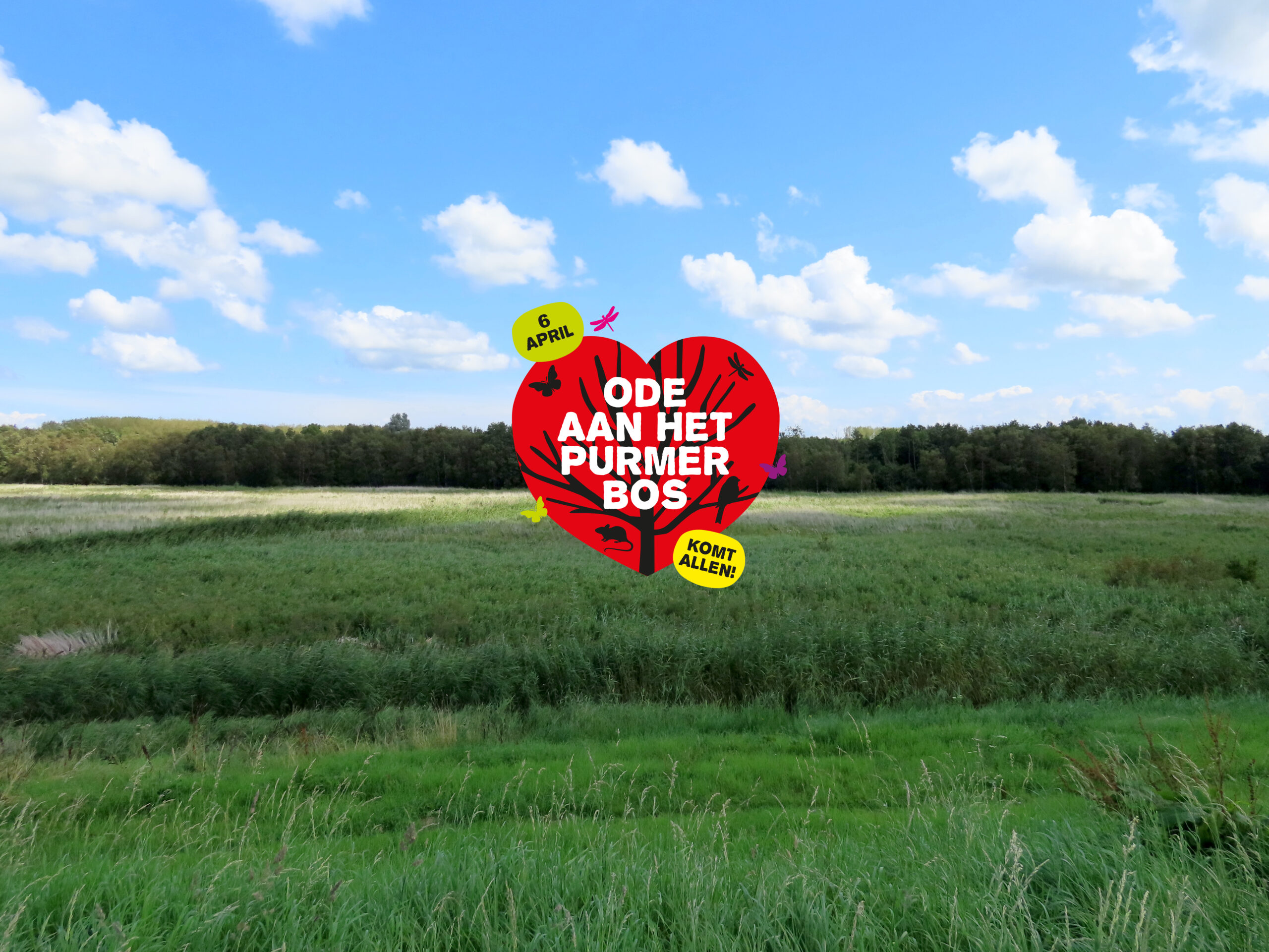 Een landschap met grasveld en bos, met een rood hart dat "Ode aan het Purmerbos" aangeeft.