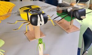 Grote modellen van insecten op houten standaarden in een klaslokaal.