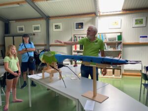 Man geeft uitleg over groot kleurrijk insectmodel aan jong meisje en man in kamer met boeken en kunst.