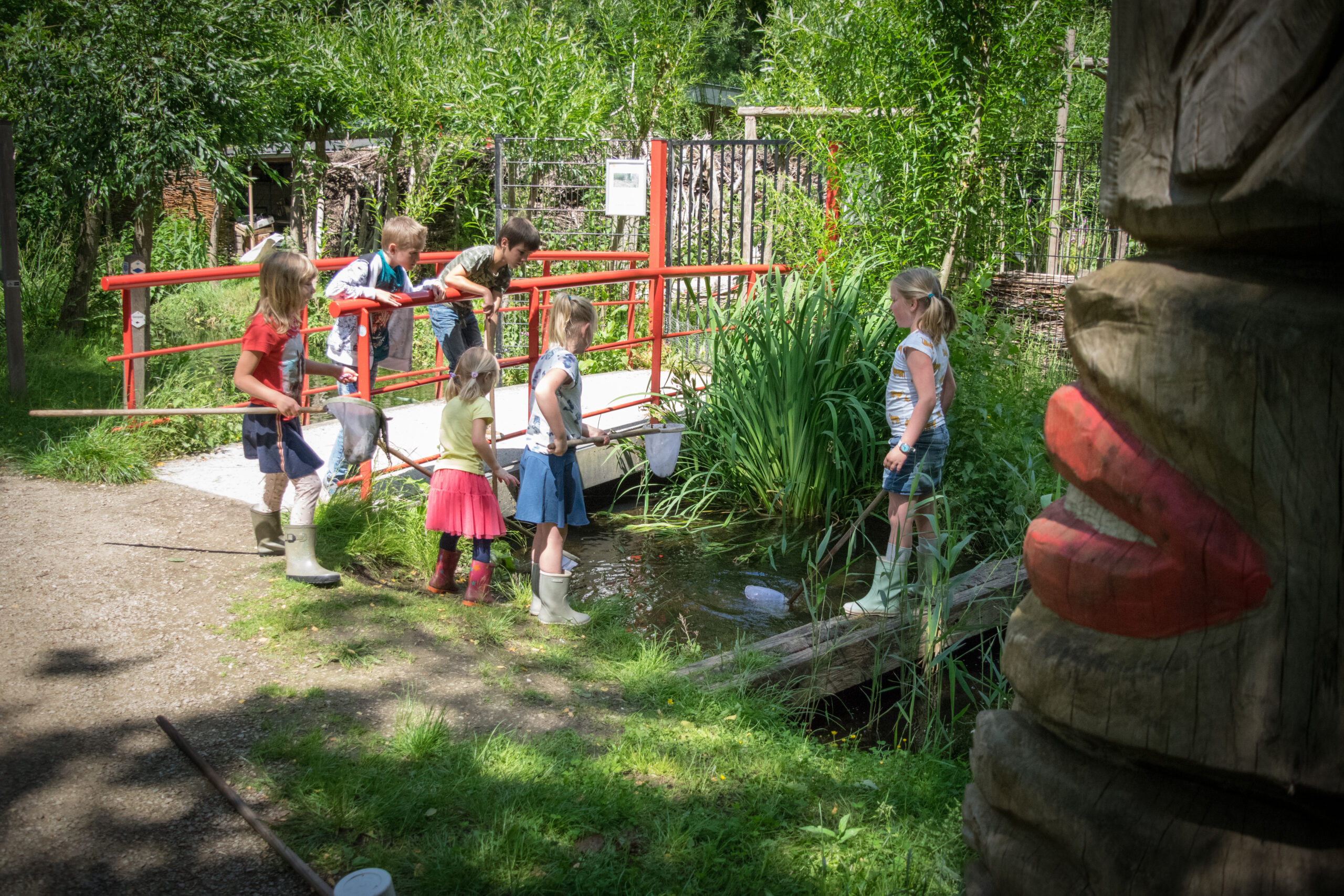 Kinderen onderzoeken een vijver met schepnetten bij een rode brug en houten beeld in een groene tuin.