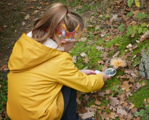 Kind onderzoekt paddenstoel met loep in bos, draagt gele jas en herfsthoofdband.