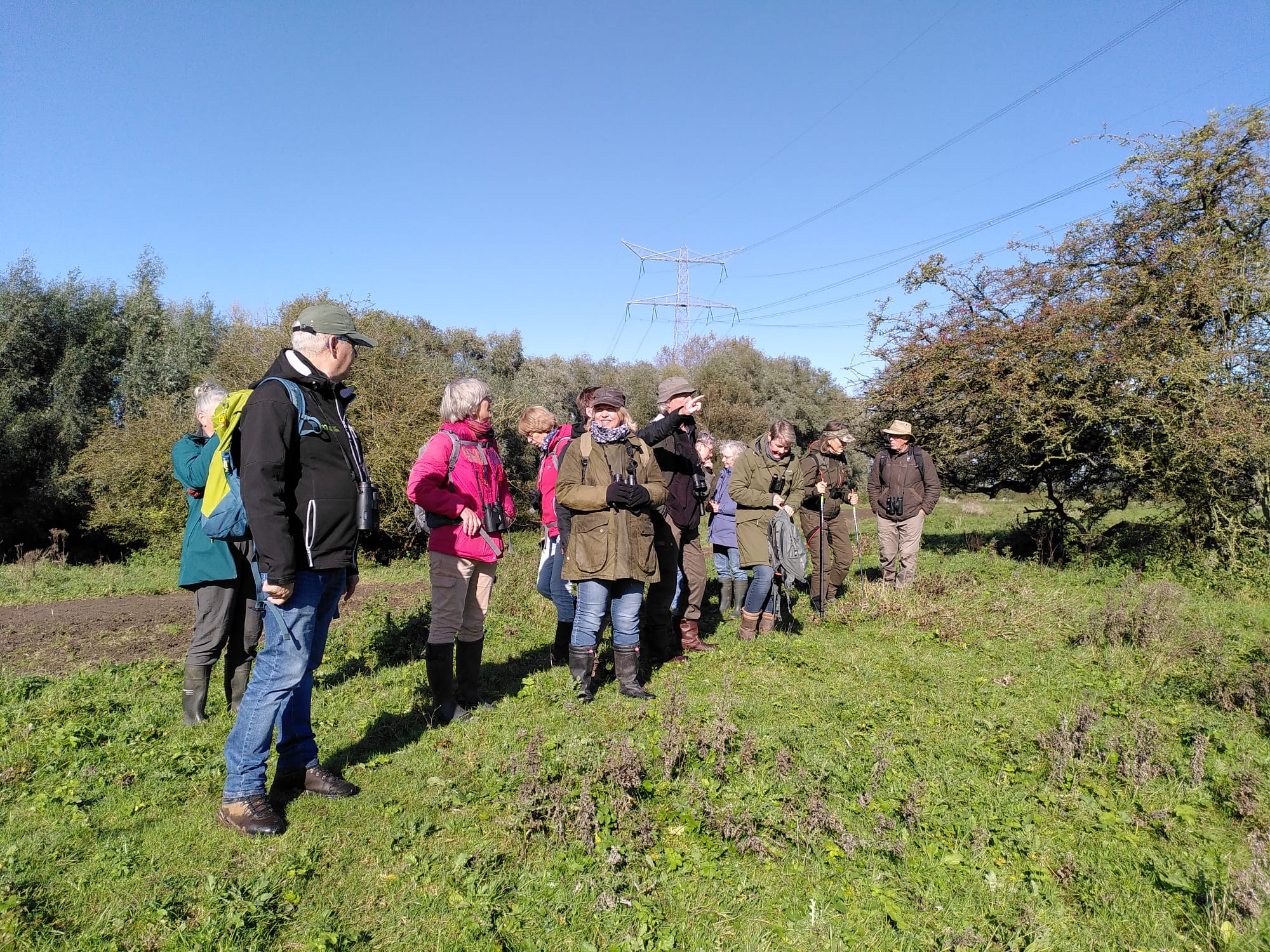 Groep mensen wandelt in natuurgebied onder heldere lucht, omringd door bomen en struiken.