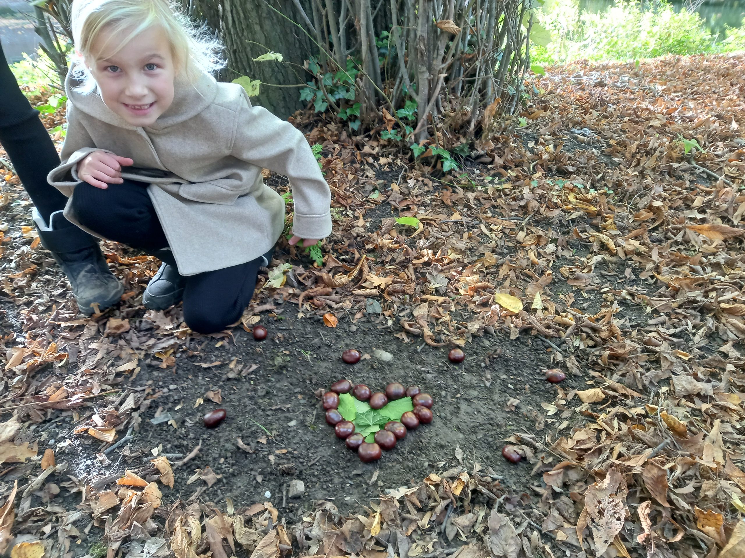 Kind maakt herfstkunst van kastanjes en bladeren in een bosrijke omgeving.