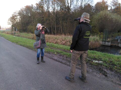 Twee mensen bekijken een landschap met verrekijkers langs een landweg, omgeven door herfstbomen.