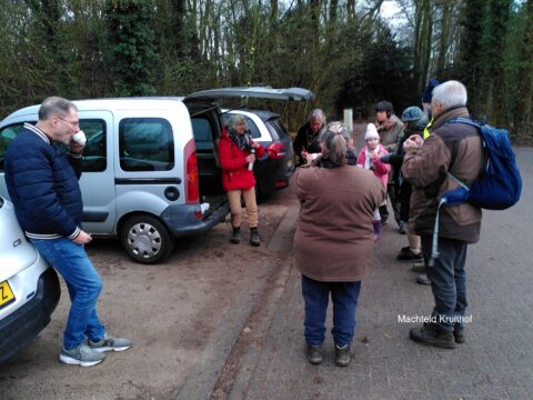 Groep mensen rust bij auto's in bosomgeving; sommigen drinken, anderen staan in gesprek.