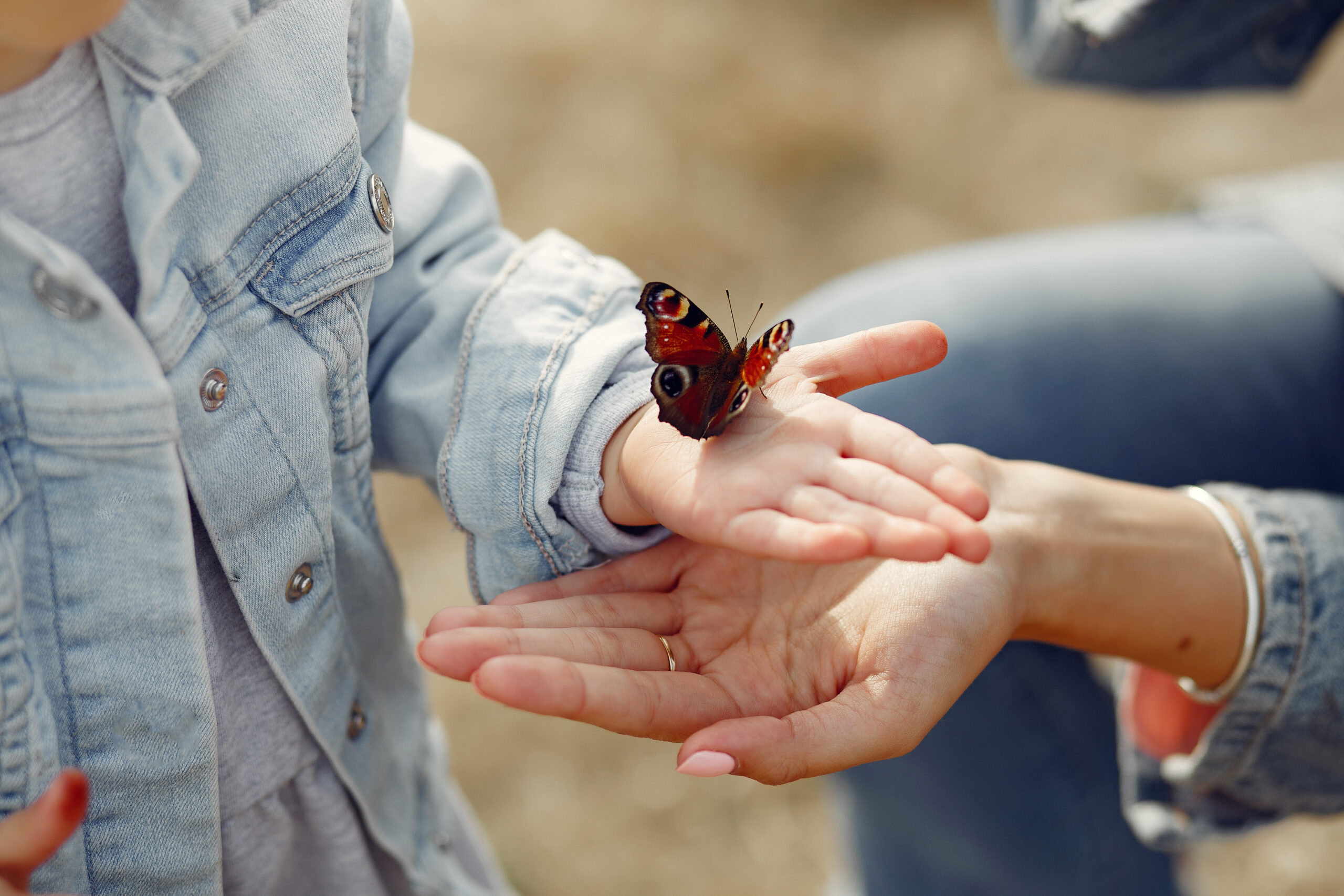 Kind in spijkerjas met vlinder op de hand.