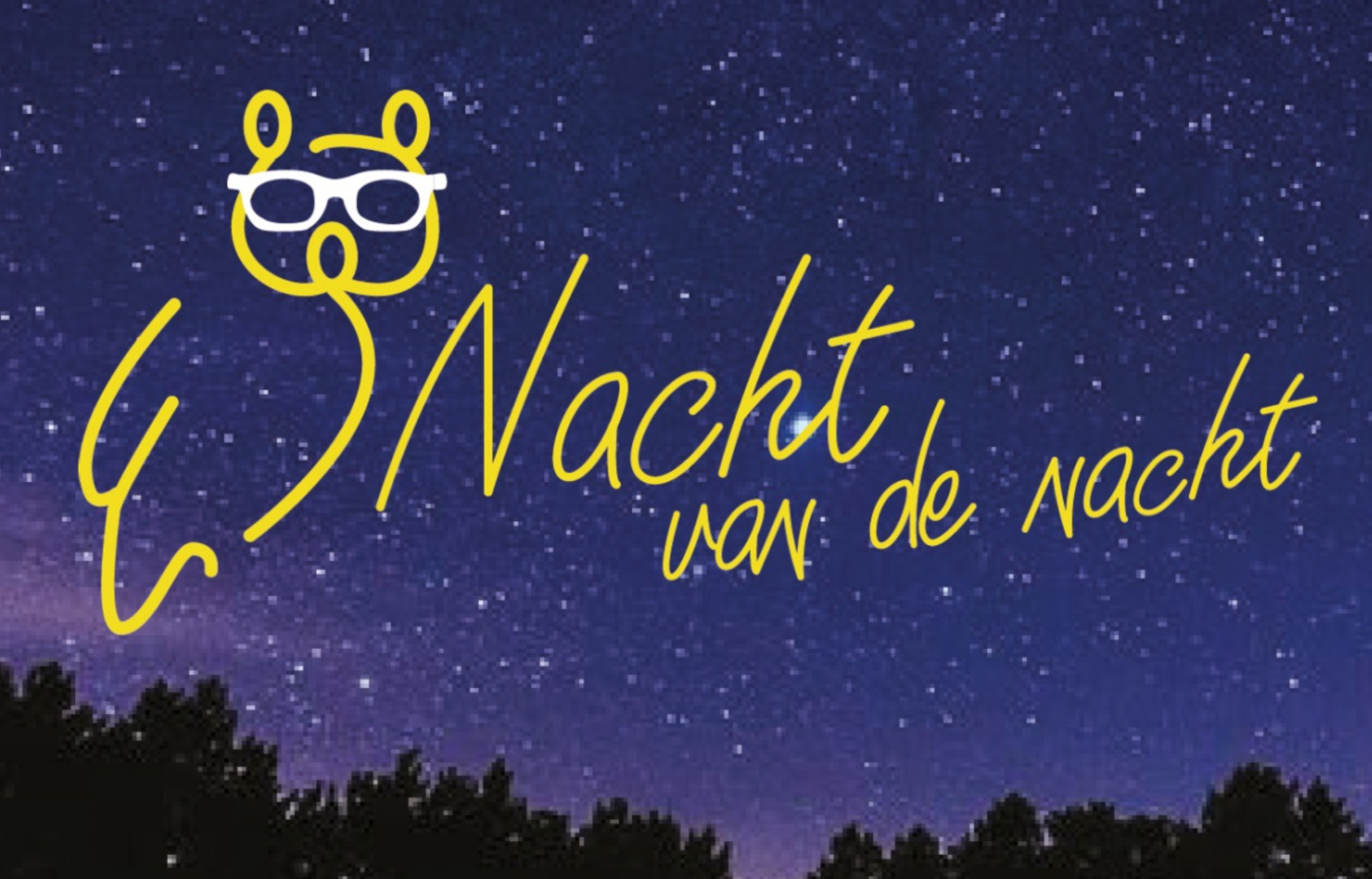 Sterrenhemel met gele tekst: "Nacht van de Nacht" en een gele uil met bril icoon.