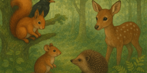 Illustratie van een eekhoorn, vogel, muis, egel en hert in een bos.