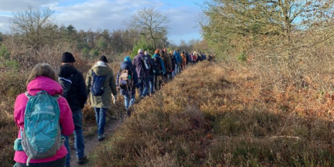 Een groep wandelaars in winterkleding loopt op een smal bospad.