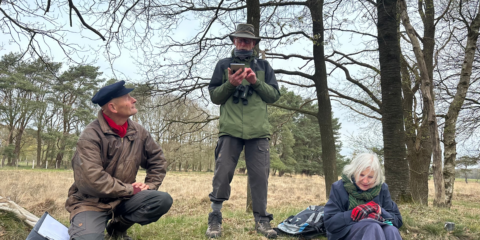 Drie mensen in een bosrijke omgeving; één hurkt, één staat met een telefoon en één zit met handschoenen.