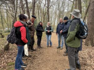 Groep mensen staat in een bos, voert een gesprek op een pad.
