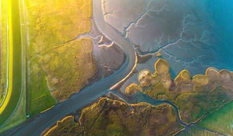 Luchtfoto van rivierstelsel en wetlands bij zonsopgang met groene velden en modderige oevers.
