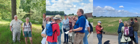 Groep mensen verkent natuurgebieden; wandelen in bos en landelijk gebied onder een blauwe hemel.