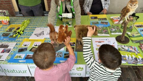 Twee kinderen bekijken uitgestalde opgezette dieren op een informatiestand over natuurbeheer.
