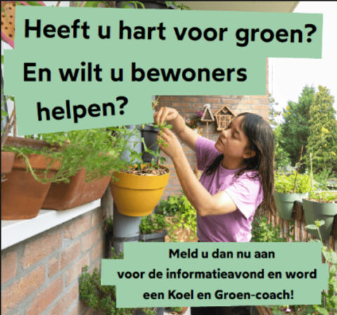 Vrouw verzorgt planten op een balkon; uitnodiging om Koel en Groen-coach te worden.