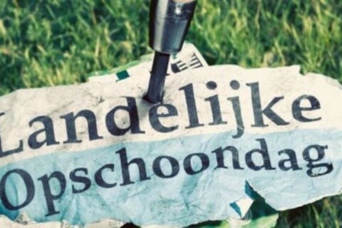 Poster met tekst 'Landelijke Opschoondag' op gras met prikstok.