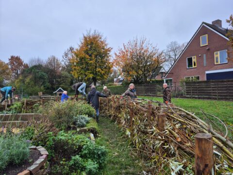 Mensen bouwen een takkenwal in een groene tuin naast een bakstenen huis met herfstbomen op de achtergrond.