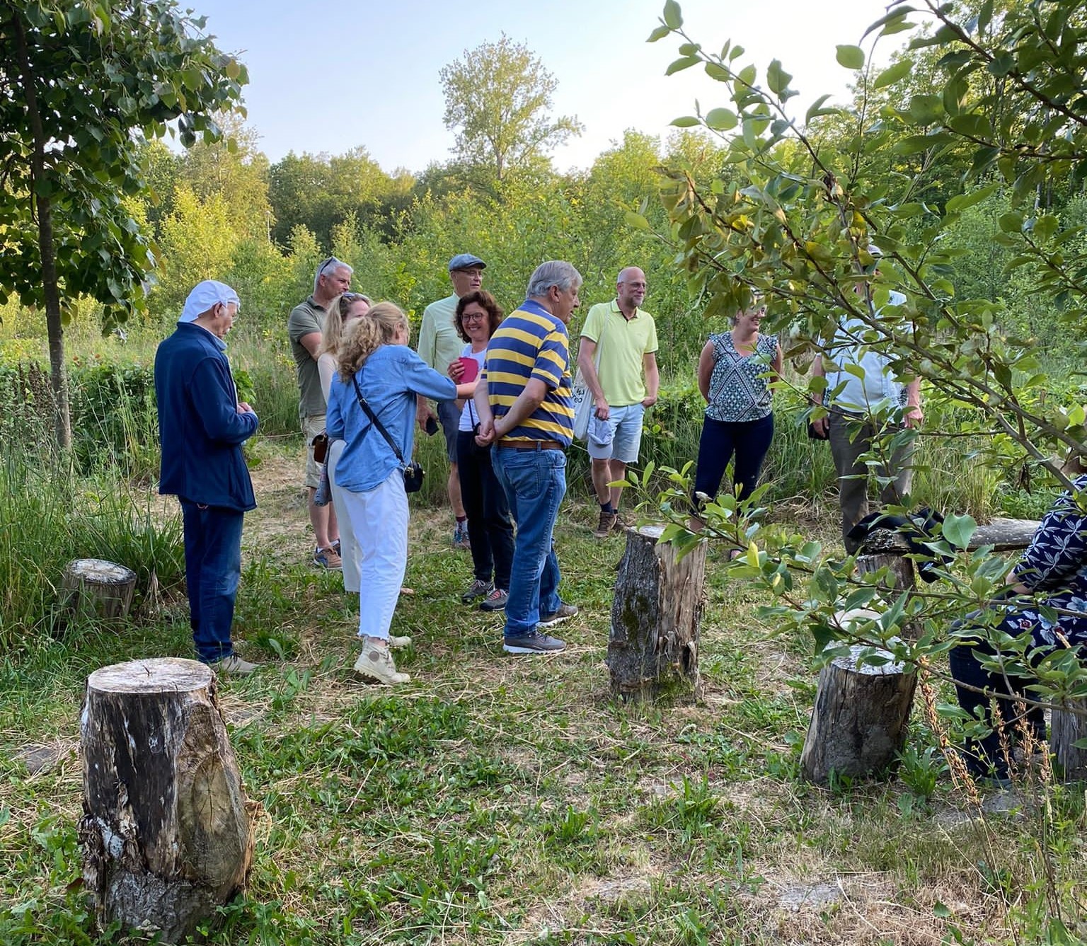 Groep mensen verzameld in een groene, bosrijke omgeving met boomstronken.
