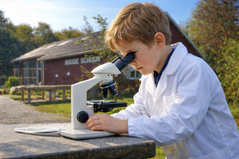 Een kind in een witte labjas kijkt door een microscoop buiten bij een gebouw genaamd "Rode Schuur".