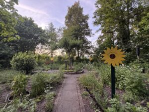 Groene tuin met paden, bloemenborden in zonnebloemvorm en een houten zitbank.