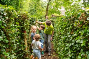 Drie kinderen en een volwassene in een groene haag, ze onderzoeken de bladeren.