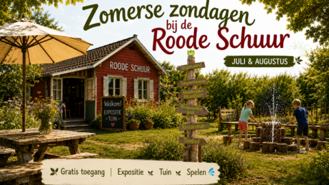 Roode Schuur zomerevenement met speeltuin en tuinen, open op zondagen in juli en augustus.